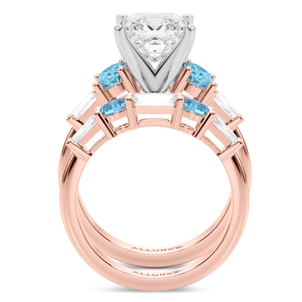 Princess Cut Lab Diamond & Oval Blue Topaz Bridal Set 14K Rose Gold (4.97ct)