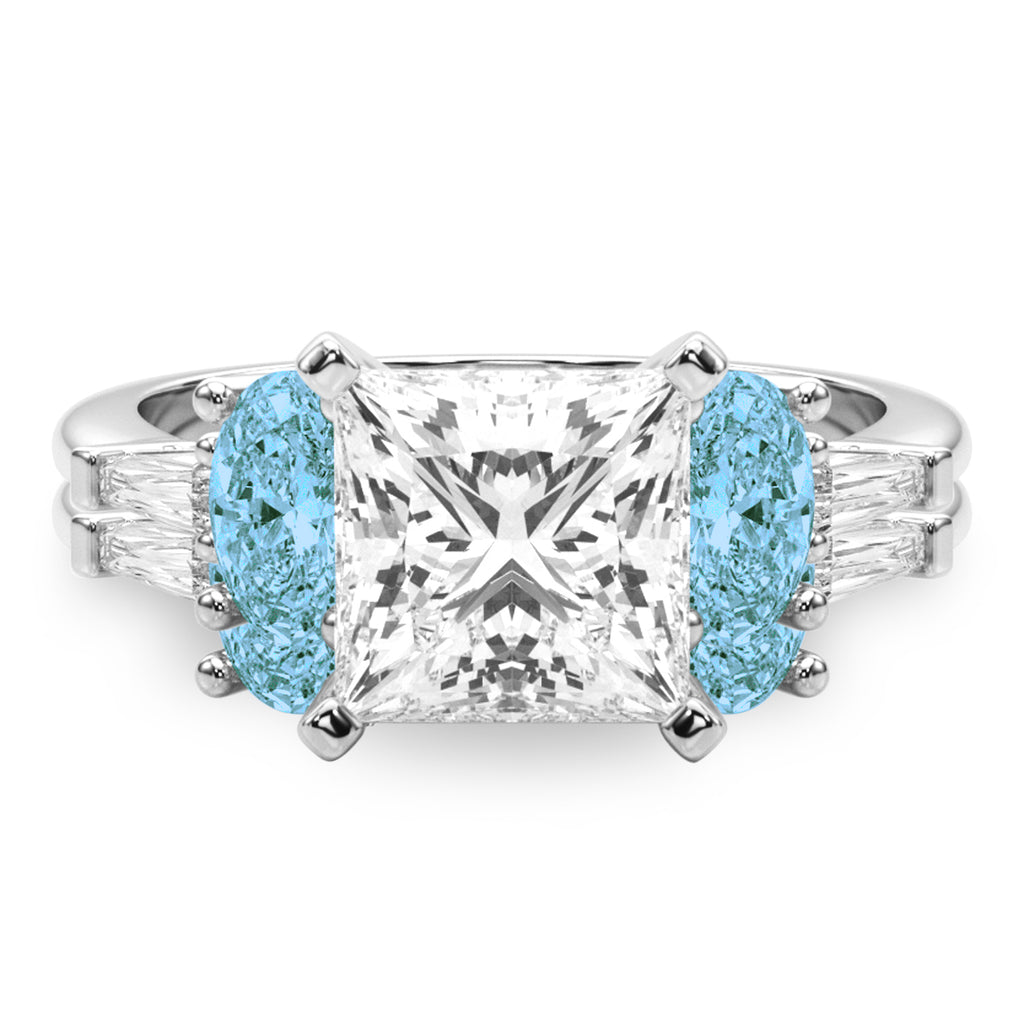 Princess Cut Lab Diamond & Oval Blue Topaz Bridal Set 14K White Gold (4.97ct)