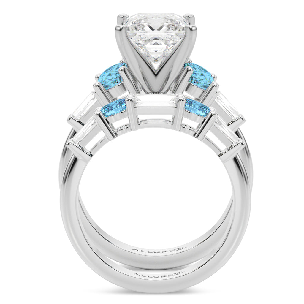 Princess Cut Lab Diamond & Oval Blue Topaz Bridal Set 14K White Gold (4.97ct)