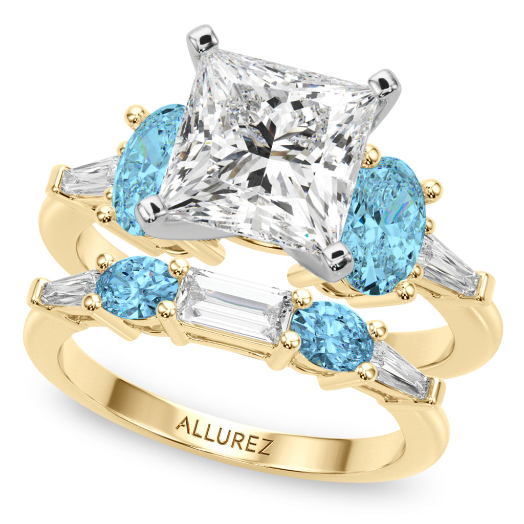 Princess Cut Lab Diamond & Oval Blue Topaz Bridal Set 18K Yellow Gold (4.97ct)