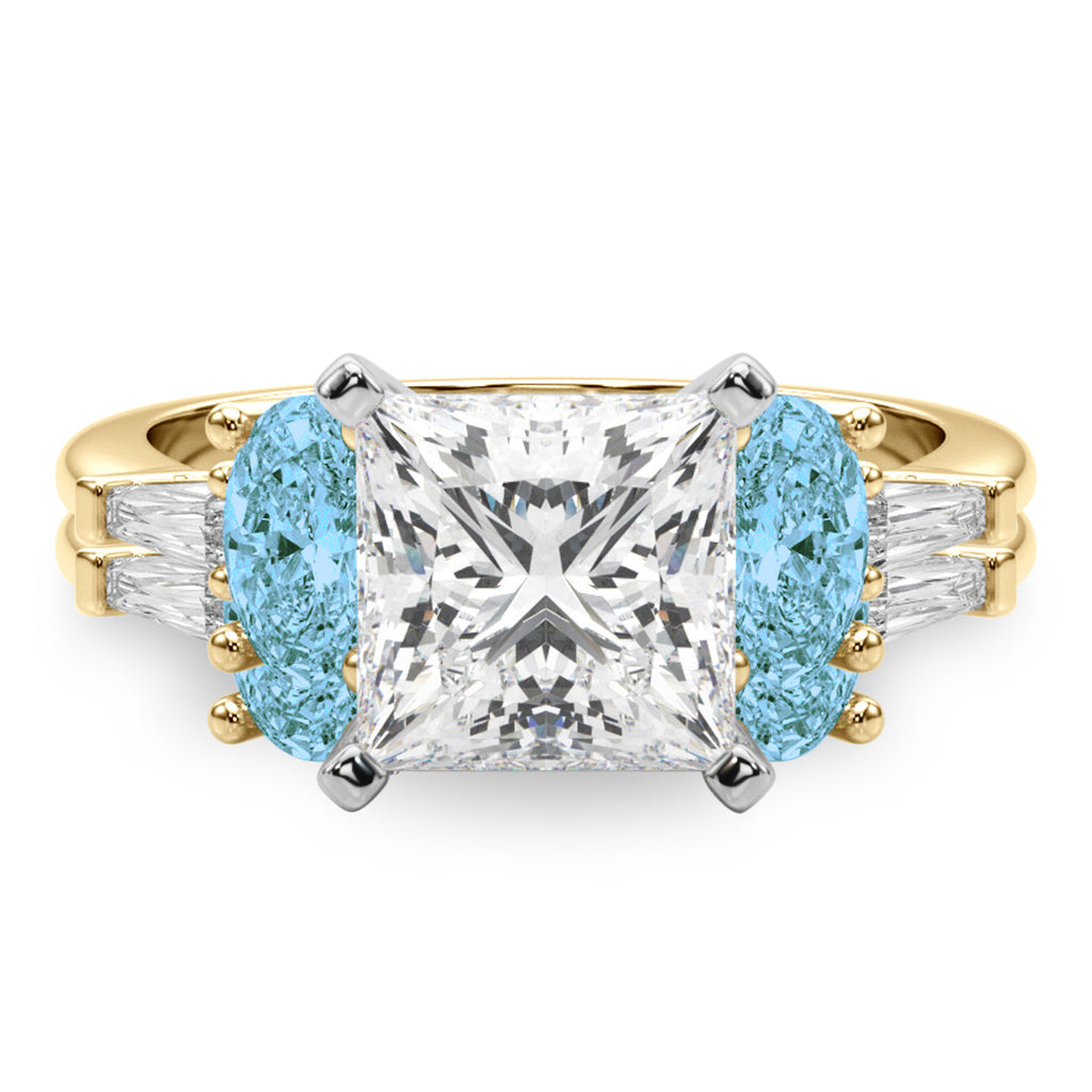 Princess Cut Lab Diamond & Oval Blue Topaz Bridal Set 18K Yellow Gold (4.97ct)