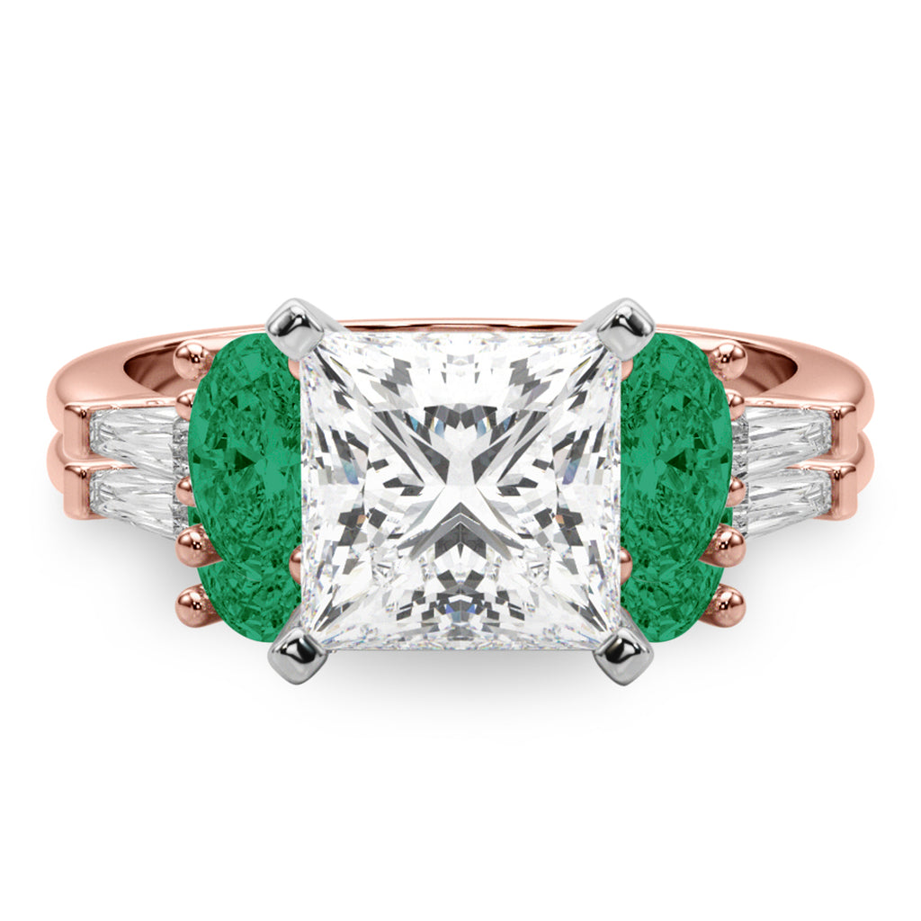 Princess Cut Lab Diamond & Oval Emerald Bridal Set 14K Rose Gold (4.65ct)