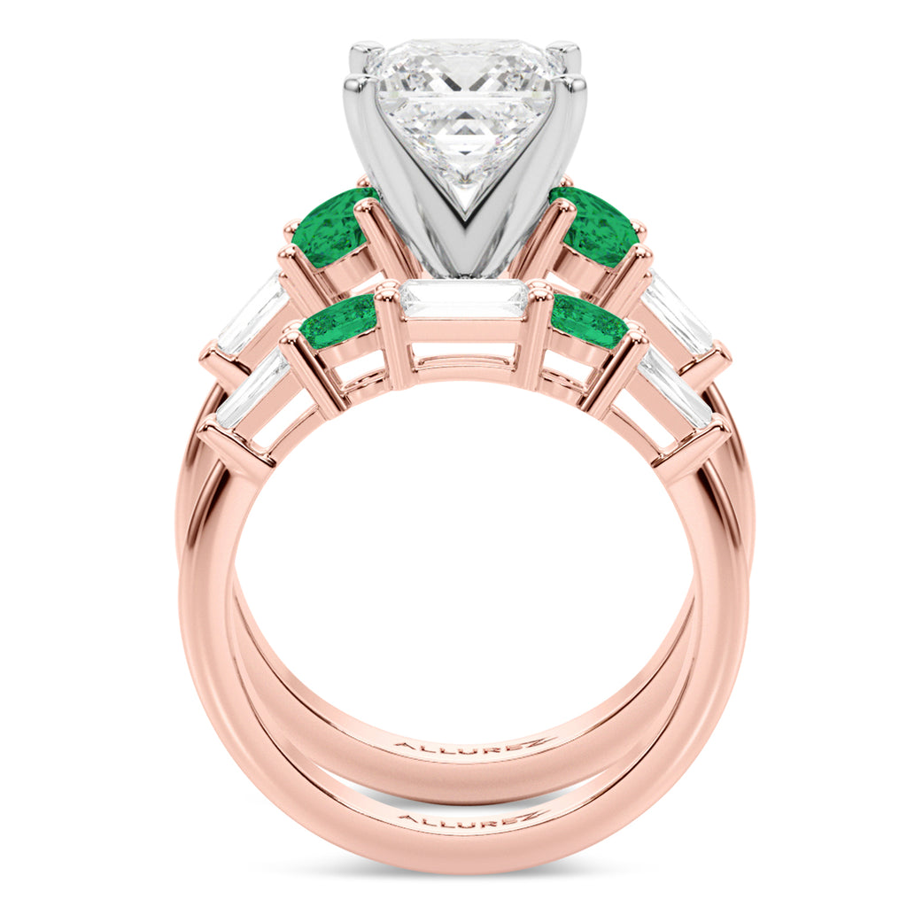Princess Cut Lab Diamond & Oval Emerald Bridal Set 14K Rose Gold (4.65ct)