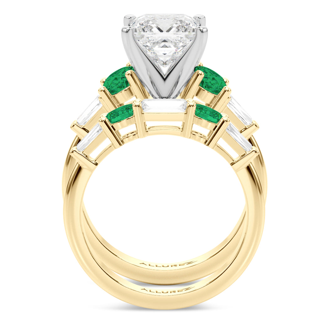 Princess Cut Lab Diamond & Oval Emerald Bridal Set 14K Yellow Gold (4.65ct)