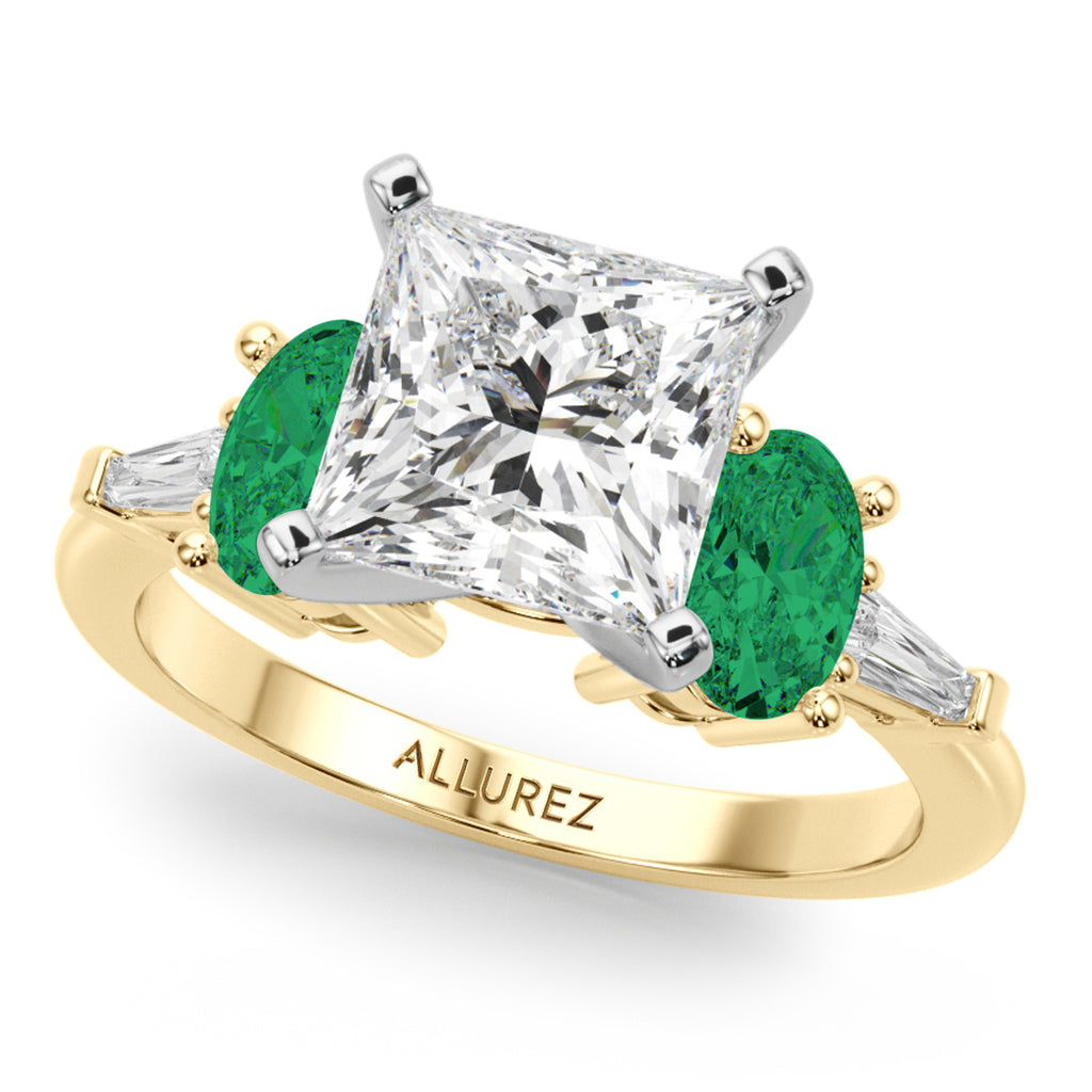Princess Cut Lab Diamond & Oval Emerald Bridal Set 14K Yellow Gold (4.65ct)