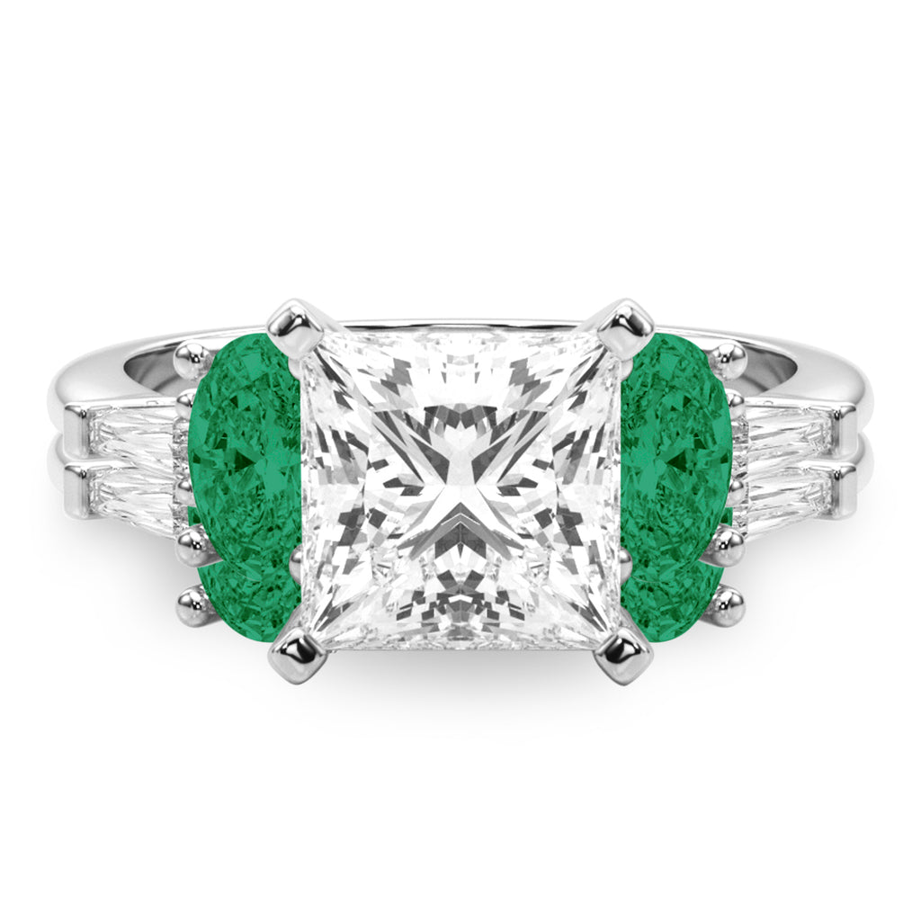 Princess Cut Lab Diamond & Oval Emerald Bridal Set 18K White Gold (4.65ct)