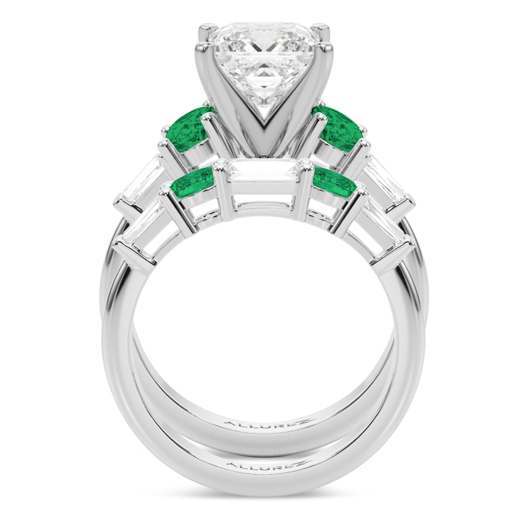 Princess Cut Lab Diamond & Oval Emerald Bridal Set 18K White Gold (4.65ct)