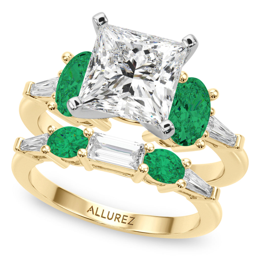 Princess Cut Lab Diamond & Oval Emerald Bridal Set 18K Yellow Gold (4.65ct)