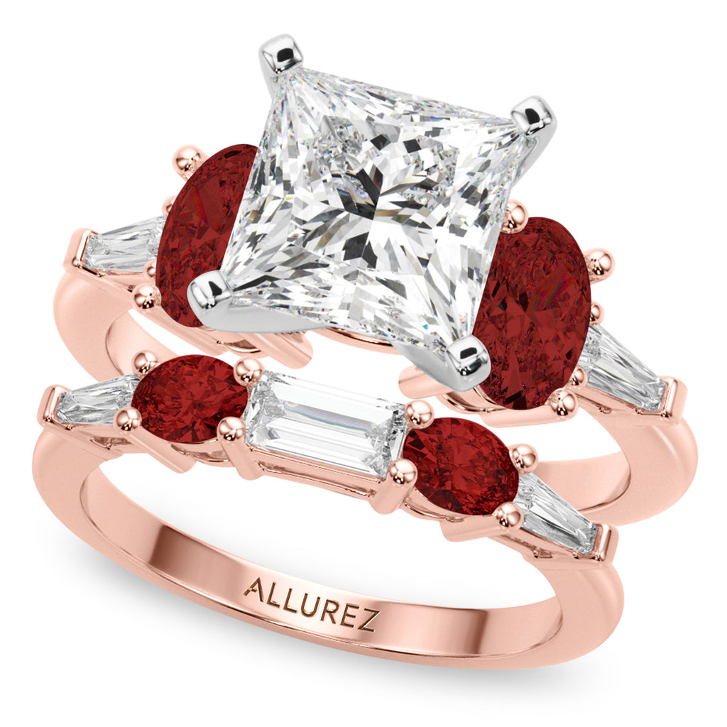 Princess Cut Lab Diamond & Oval Garnet Bridal Set 18K Rose Gold (4.97ct)