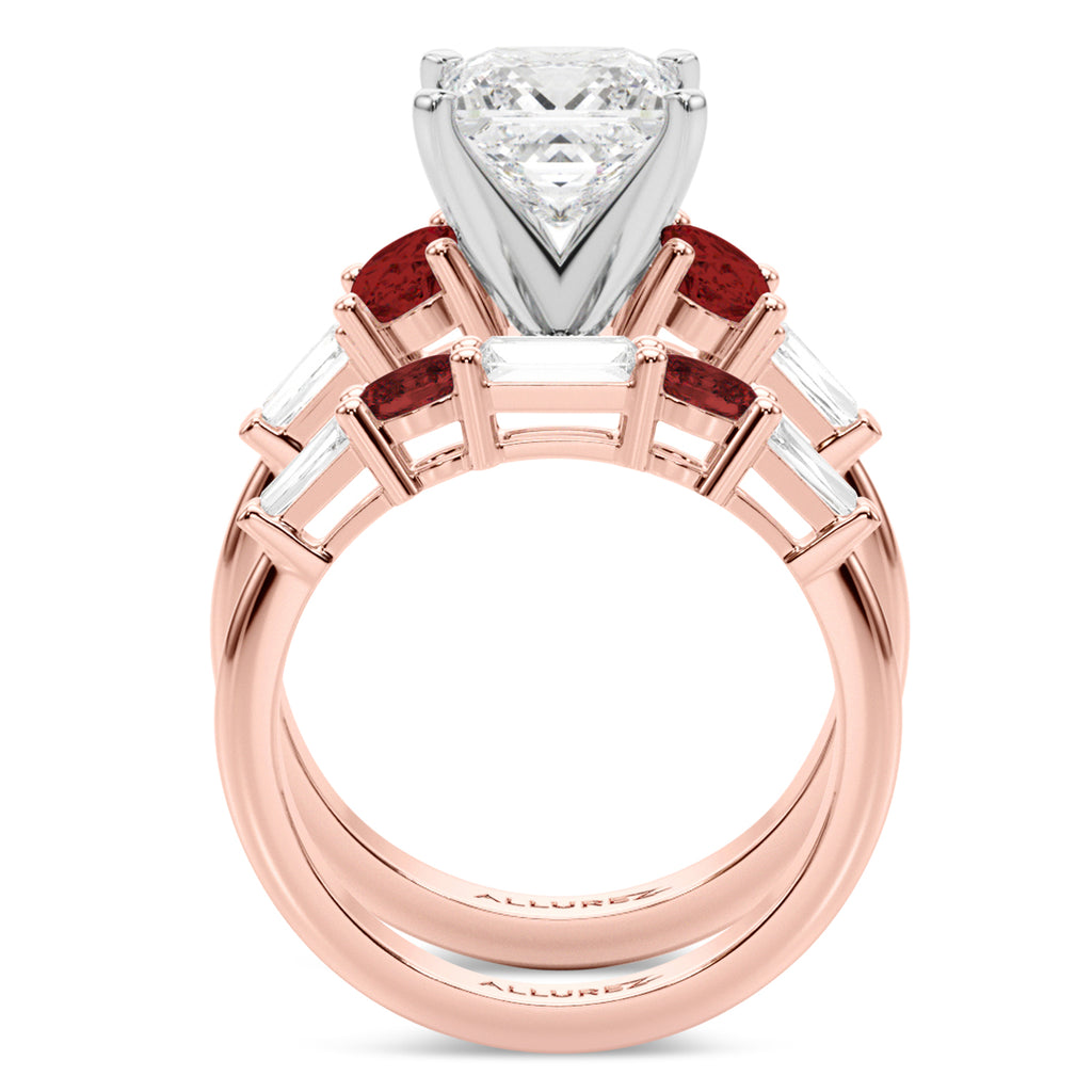 Princess Cut Lab Diamond & Oval Garnet Bridal Set 18K Rose Gold (4.97ct)