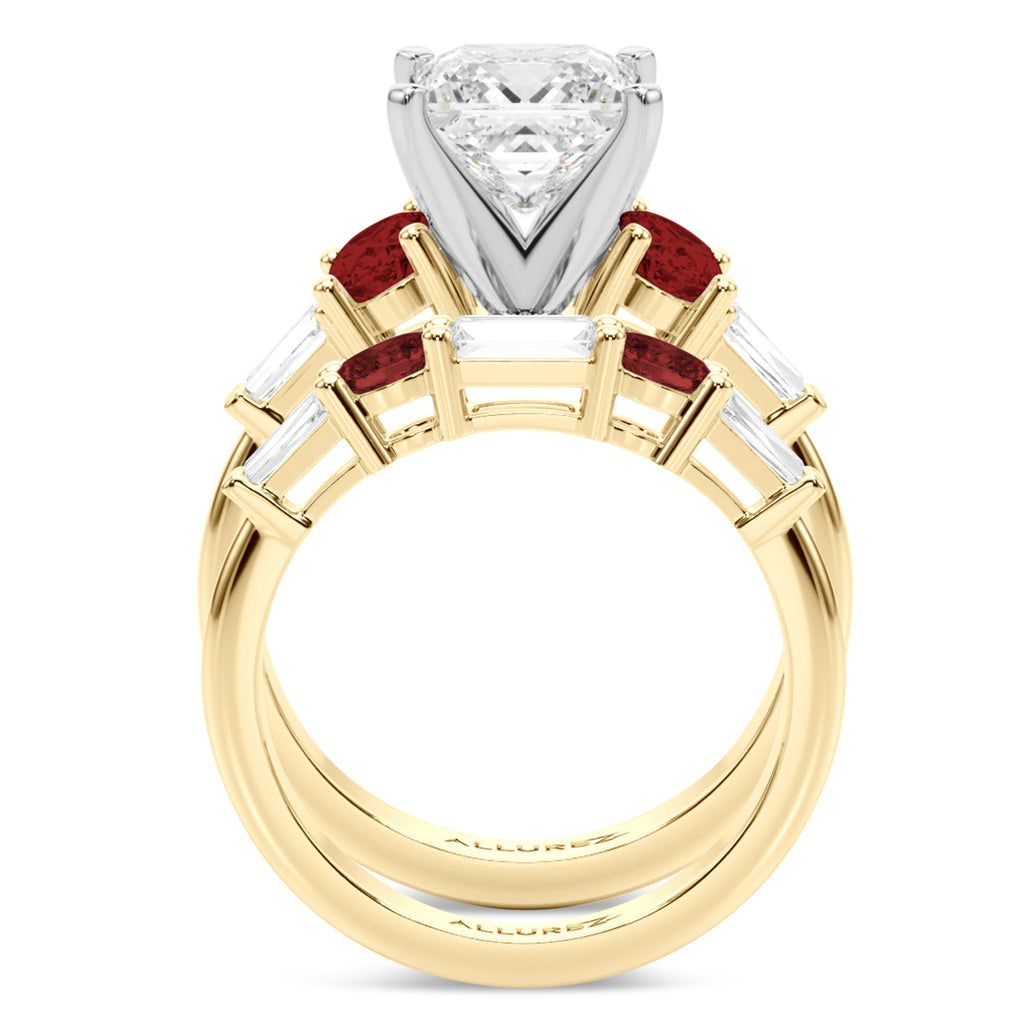 Princess Cut Lab Diamond & Oval Garnet Bridal Set 18K Yellow Gold (4.97ct)