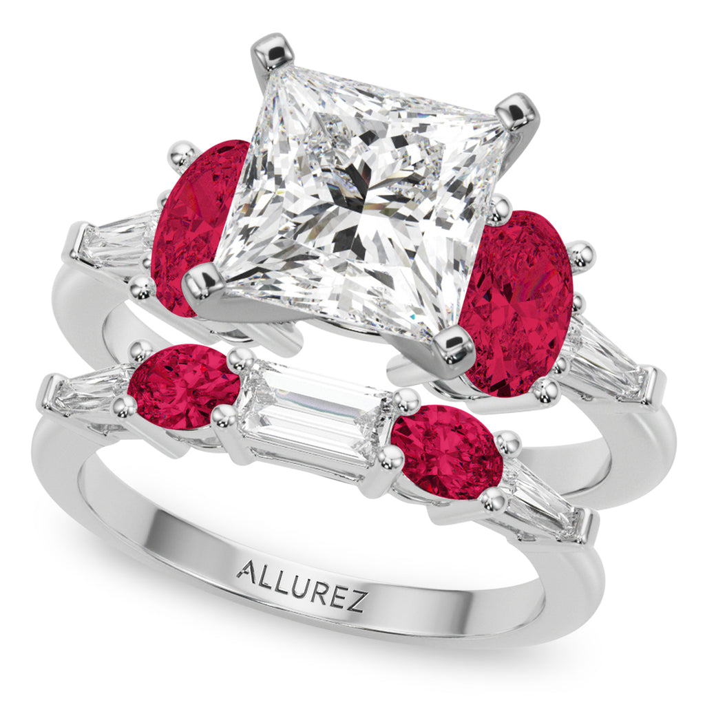 Princess Cut Lab Grown Diamond & Oval Ruby Bridal Set 14K White Gold (5.09ct)