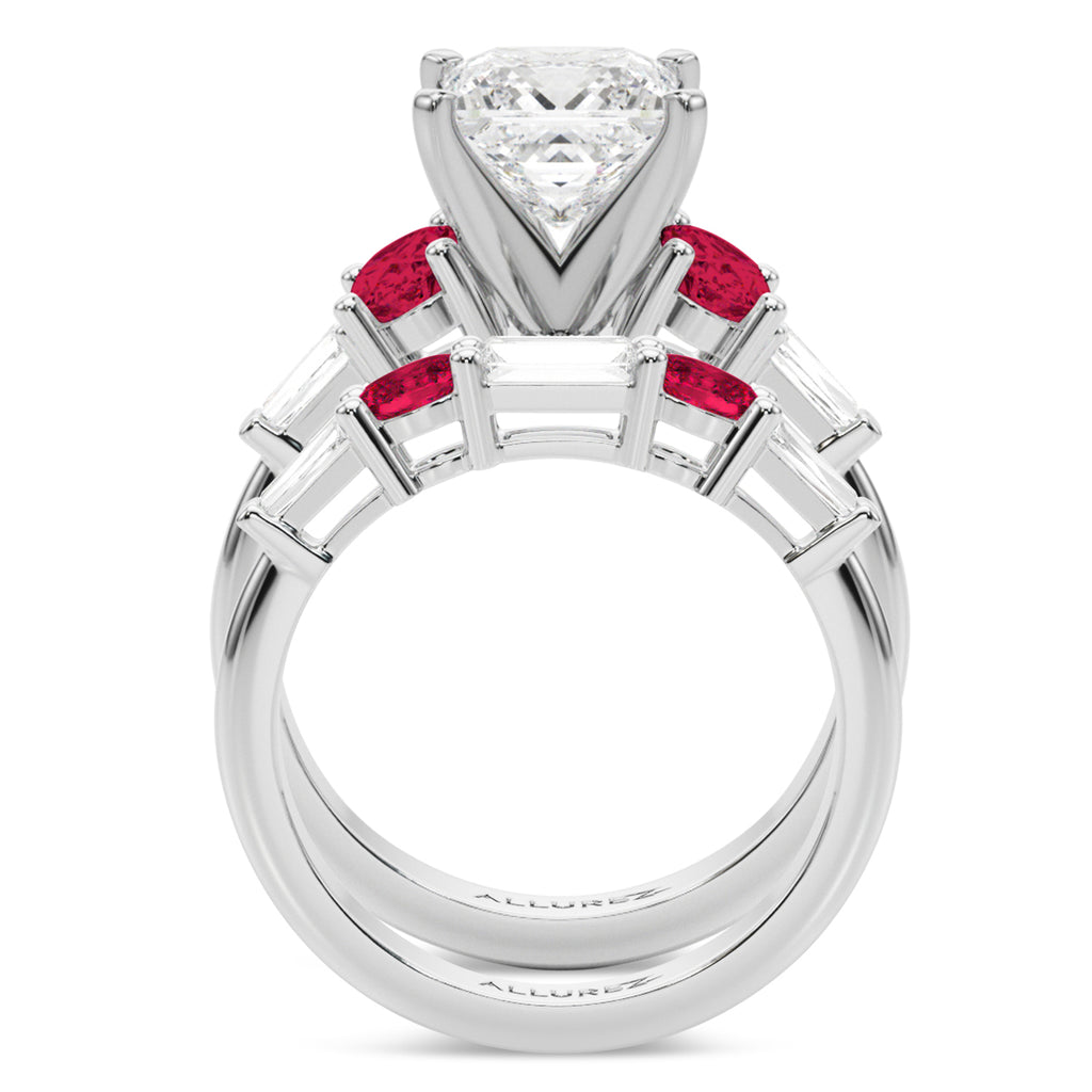 Princess Cut Lab Grown Diamond & Oval Ruby Bridal Set 14K White Gold (5.09ct)