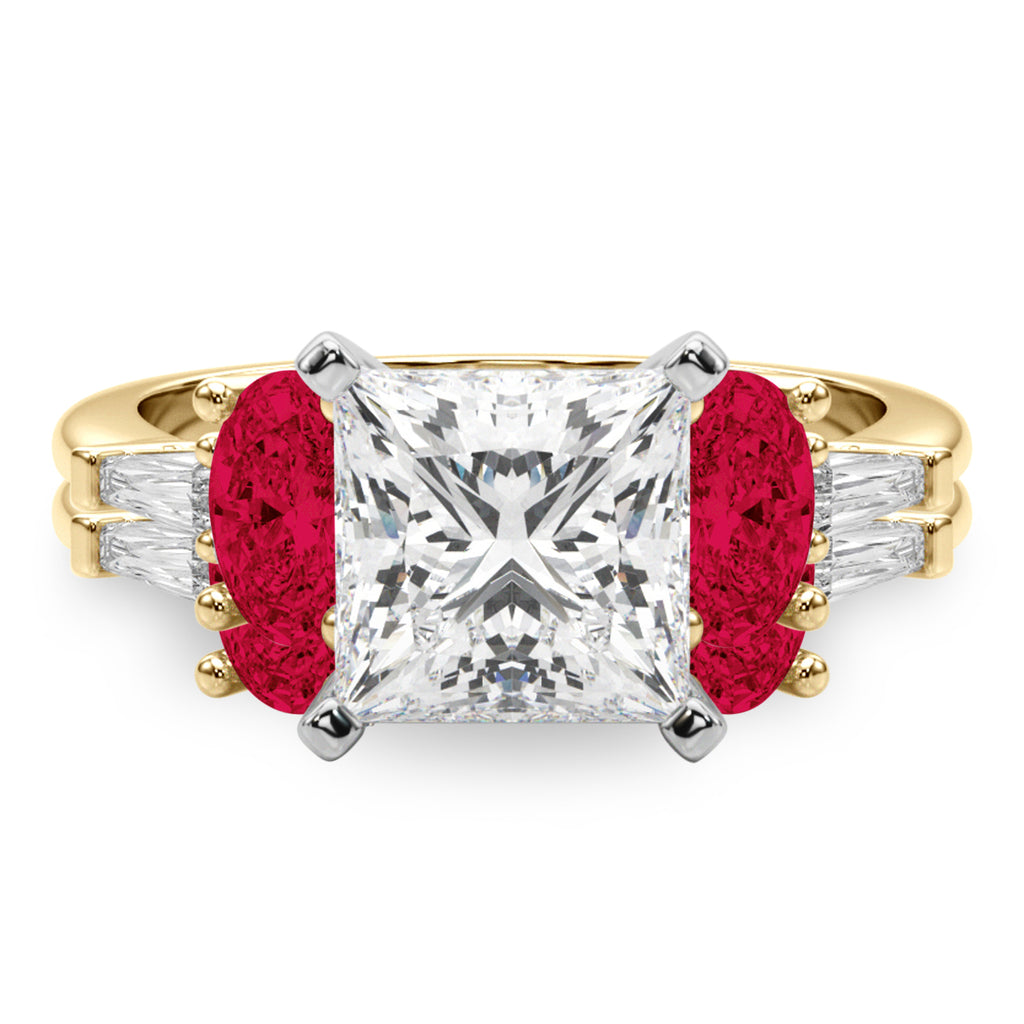 Princess Cut Lab Diamond & Oval Ruby Bridal Set 14K Yellow Gold (5.09ct)