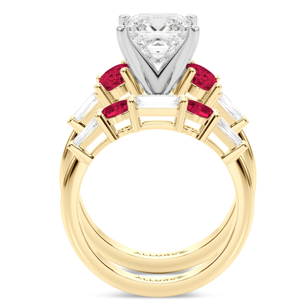Princess Cut Lab Diamond & Oval Ruby Bridal Set 14K Yellow Gold (5.09ct)