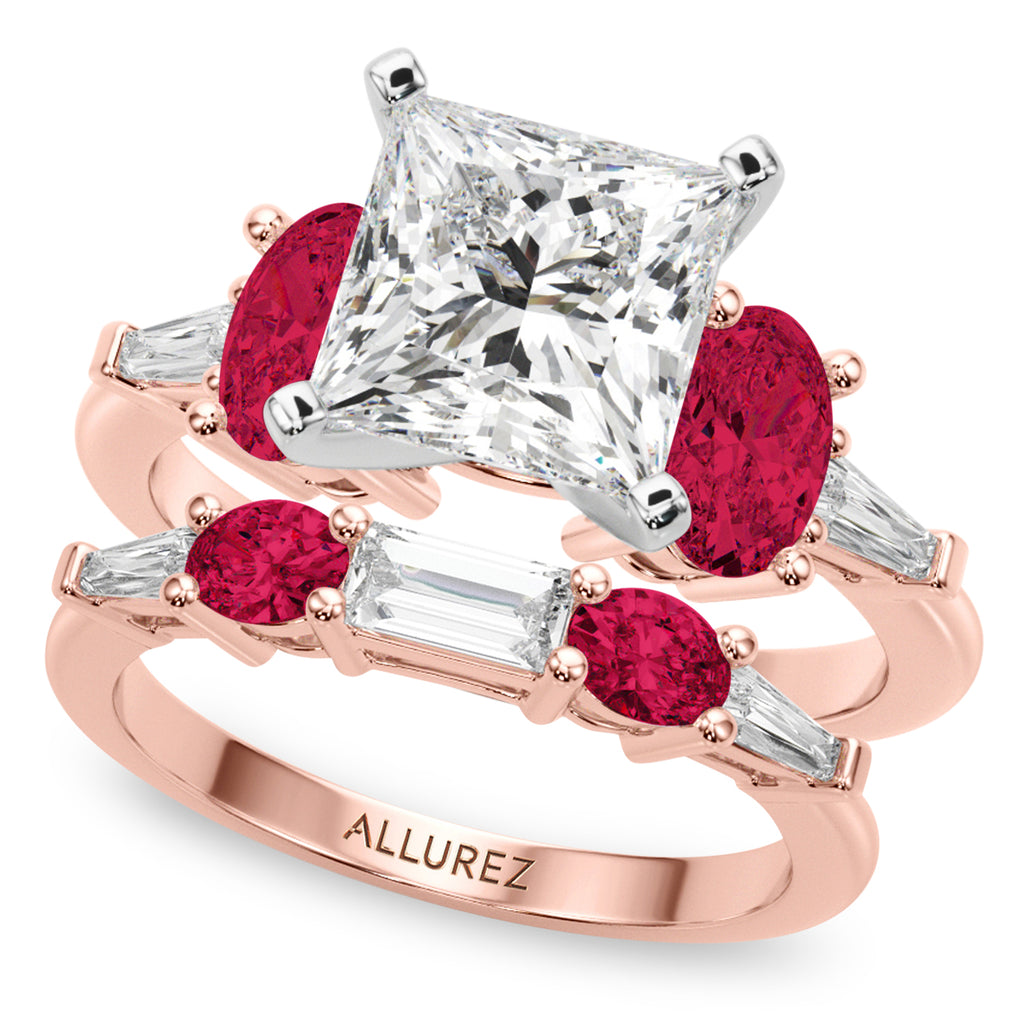 Princess Cut Lab Diamond & Oval Ruby Bridal Set 18K Rose Gold (5.09ct)