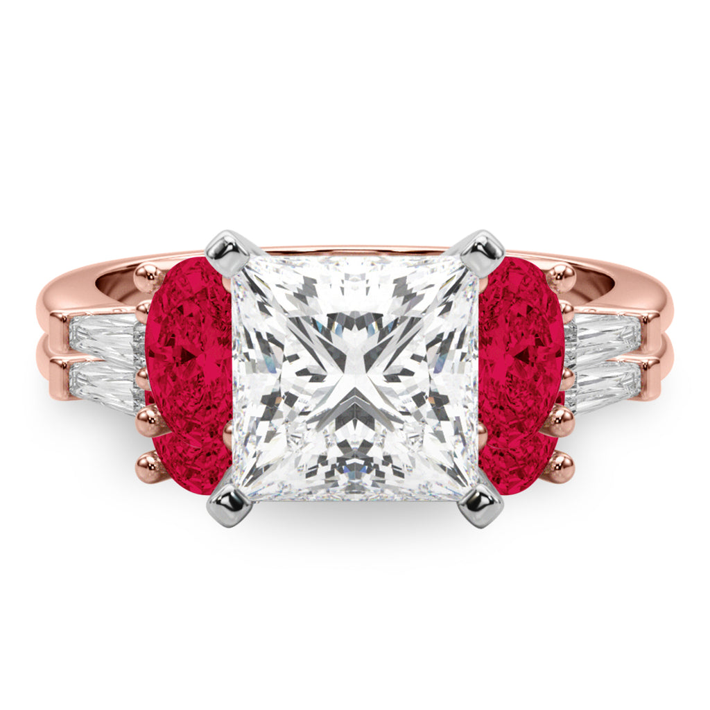 Princess Cut Lab Diamond & Oval Ruby Bridal Set 18K Rose Gold (5.09ct)