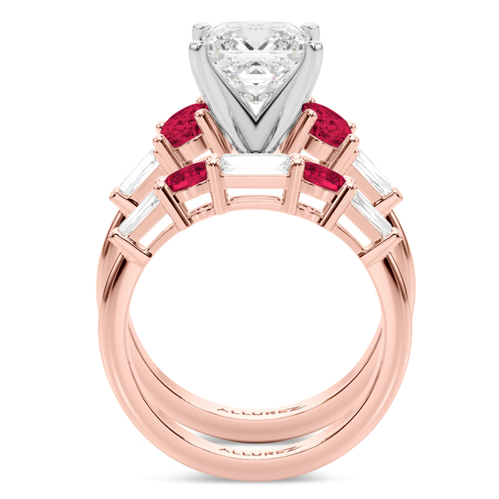 Princess Cut Lab Diamond & Oval Ruby Bridal Set 18K Rose Gold (5.09ct)