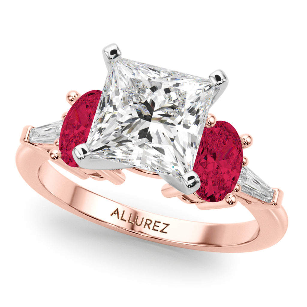 Princess Cut Lab Diamond & Oval Ruby Bridal Set 18K Rose Gold (5.09ct)
