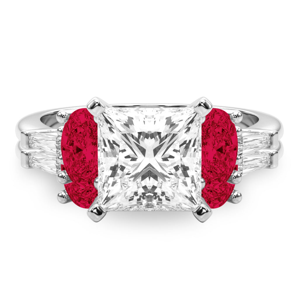 Princess Cut Lab Diamond & Oval Ruby Bridal Set in Palladium (5.09ct)