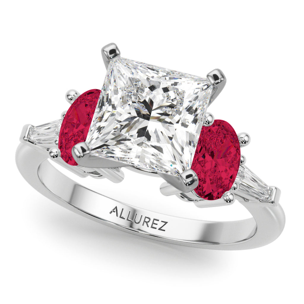 Princess Cut Lab Diamond & Oval Ruby Bridal Set in Palladium (5.09ct)