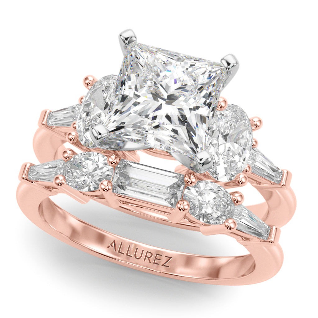 Princess Cut Moissanite Diamond Engagement Ring Bridal Set 14K Rose Gold (4.93ct)