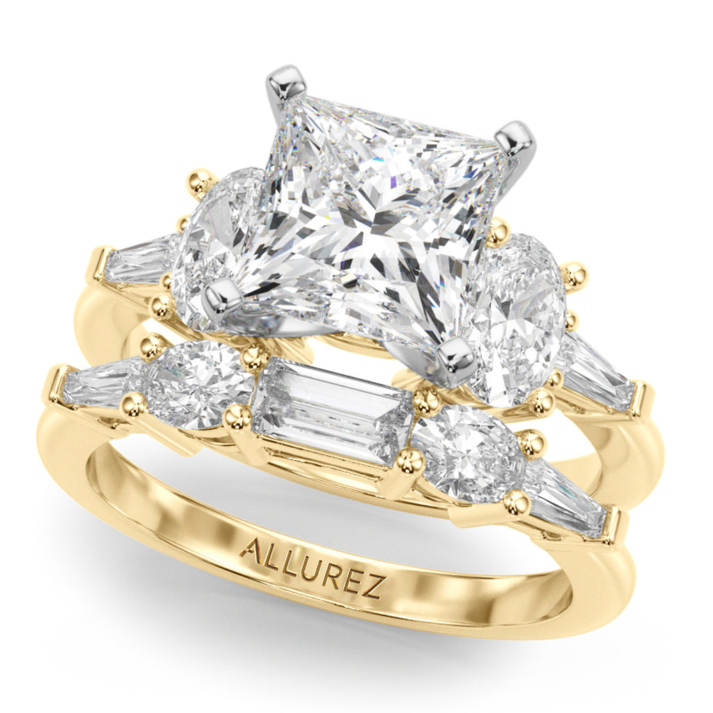 Princess Cut Moissanite Diamond Engagement Ring Bridal Set 14K Yellow Gold (4.93ct)