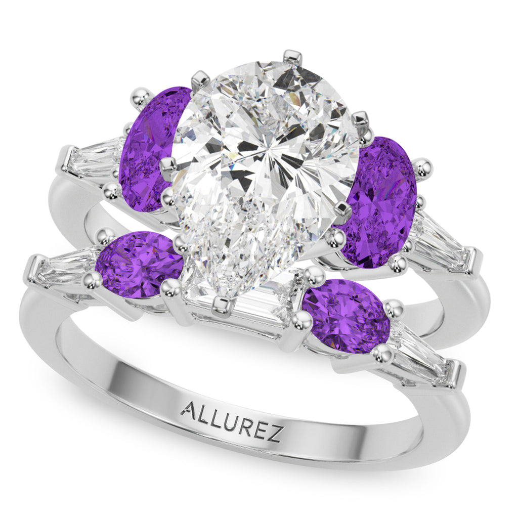 Pear Lab Grown Diamond & Oval Amethyst Bridal Set 14K White Gold (4.65ct)