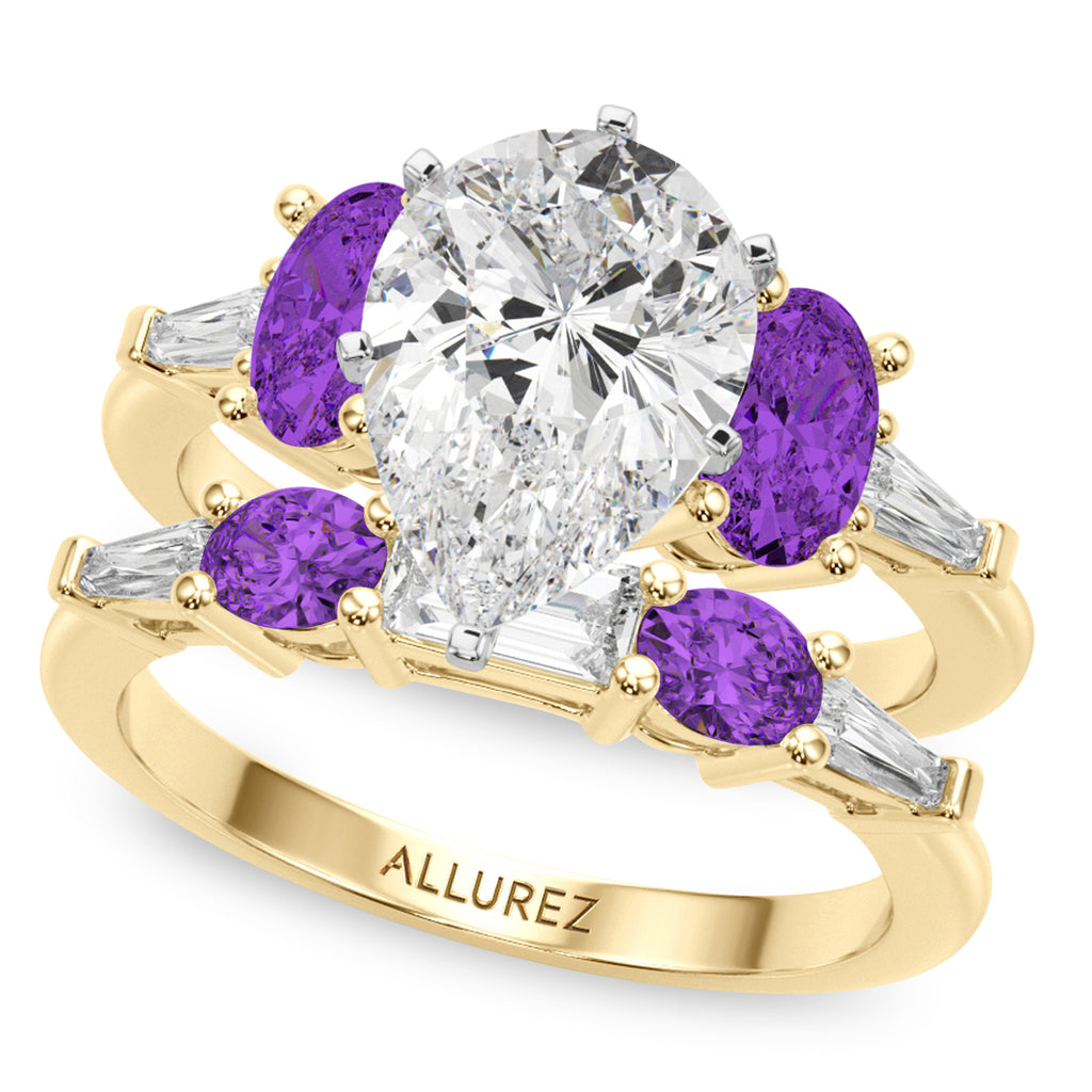 Pear Lab Diamond & Oval Amethyst Bridal Set 14K Yellow Gold (4.65ct)