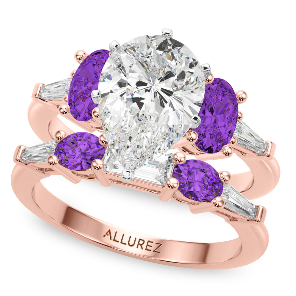 Pear Lab Diamond & Oval Amethyst Bridal Set 18K Rose Gold (4.65ct)