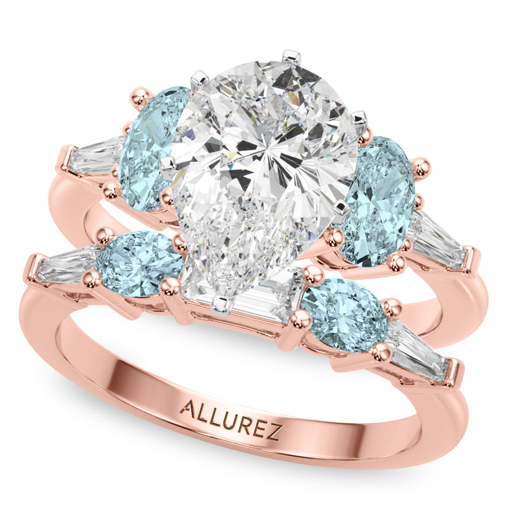 Pear Lab Diamond & Oval Aquamarine Bridal Set 14K Rose Gold (4.65ct)