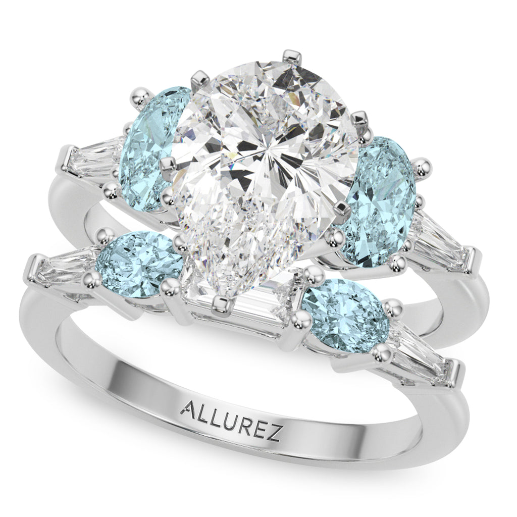 Pear Lab Diamond & Oval Aquamarine Bridal Set 14K White Gold (4.65ct)