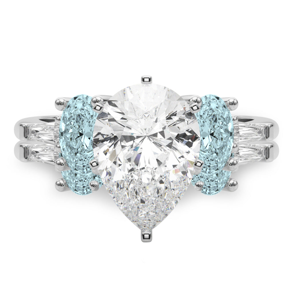 Pear Lab Diamond & Oval Aquamarine Bridal Set 14K White Gold (4.65ct)