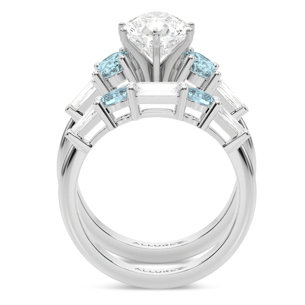 Pear Lab Diamond & Oval Aquamarine Bridal Set 14K White Gold (4.65ct)