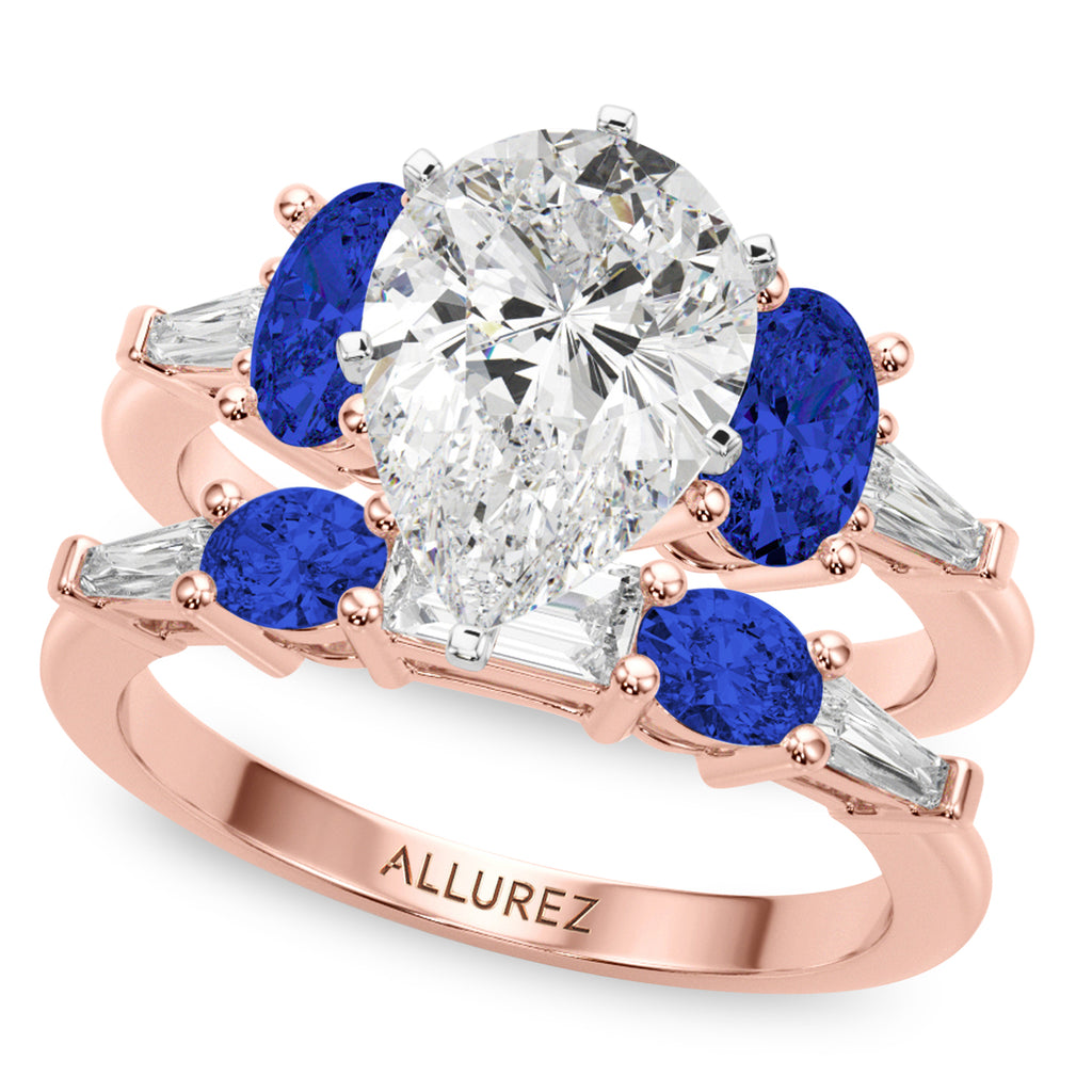 Pear Lab Diamond & Oval Blue Sapphire Bridal Set 14K Rose Gold (5.17ct)