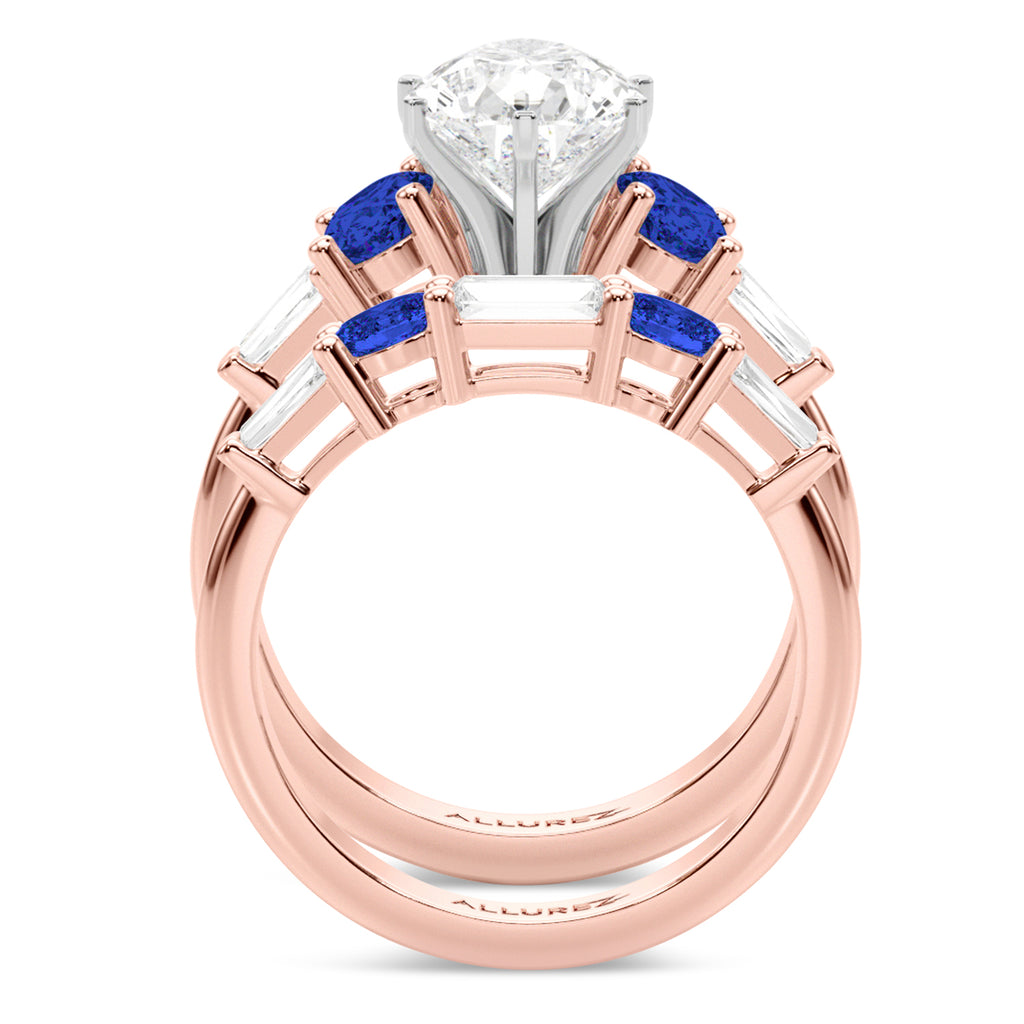 Pear Lab Diamond & Oval Blue Sapphire Bridal Set 14K Rose Gold (5.17ct)