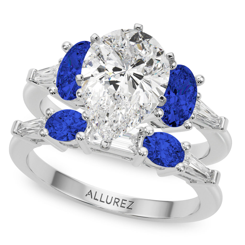 Pear Lab Diamond & Oval Blue Sapphire Bridal Set in Palladium (5.17ct)