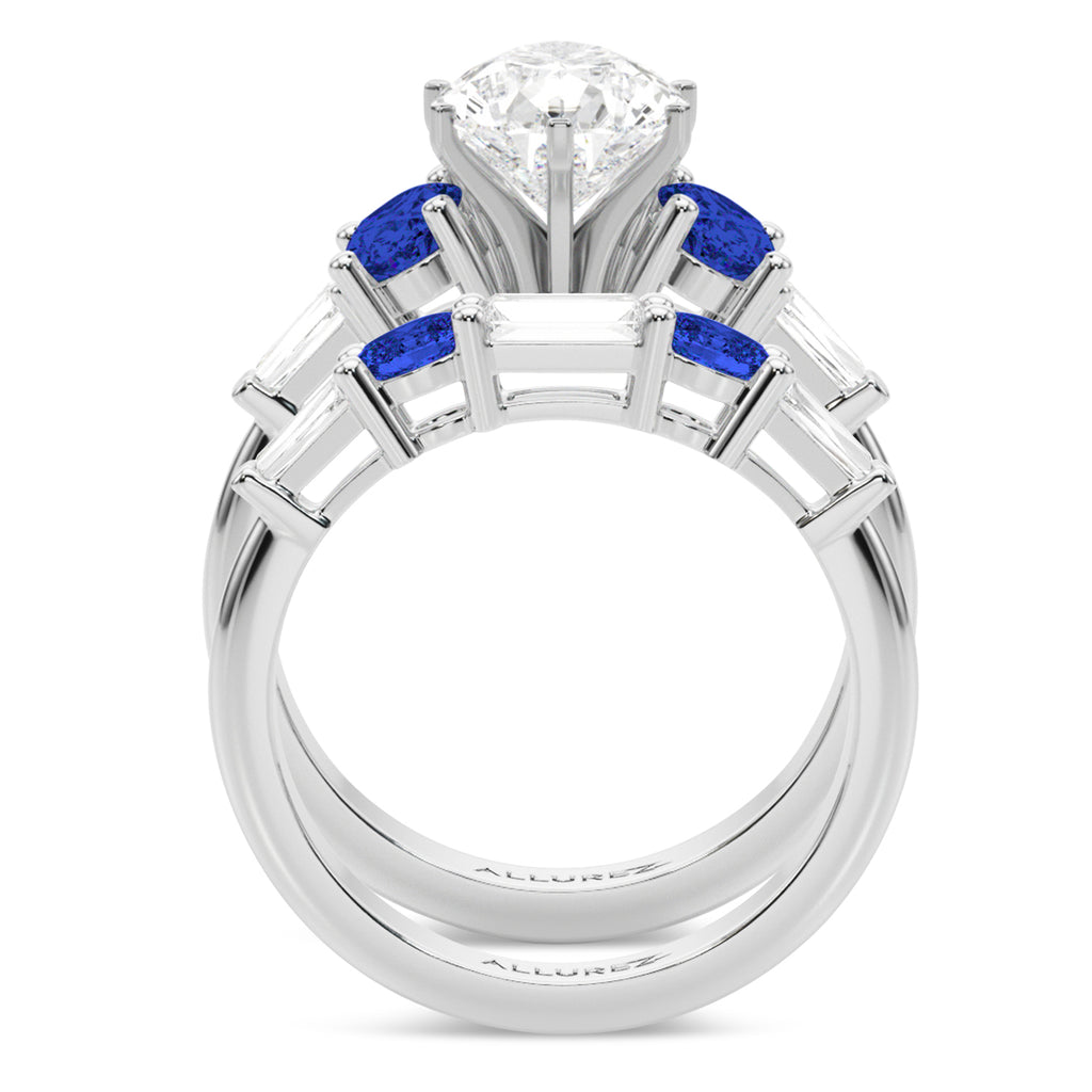 Pear Lab Diamond & Oval Blue Sapphire Bridal Set in Palladium (5.17ct)