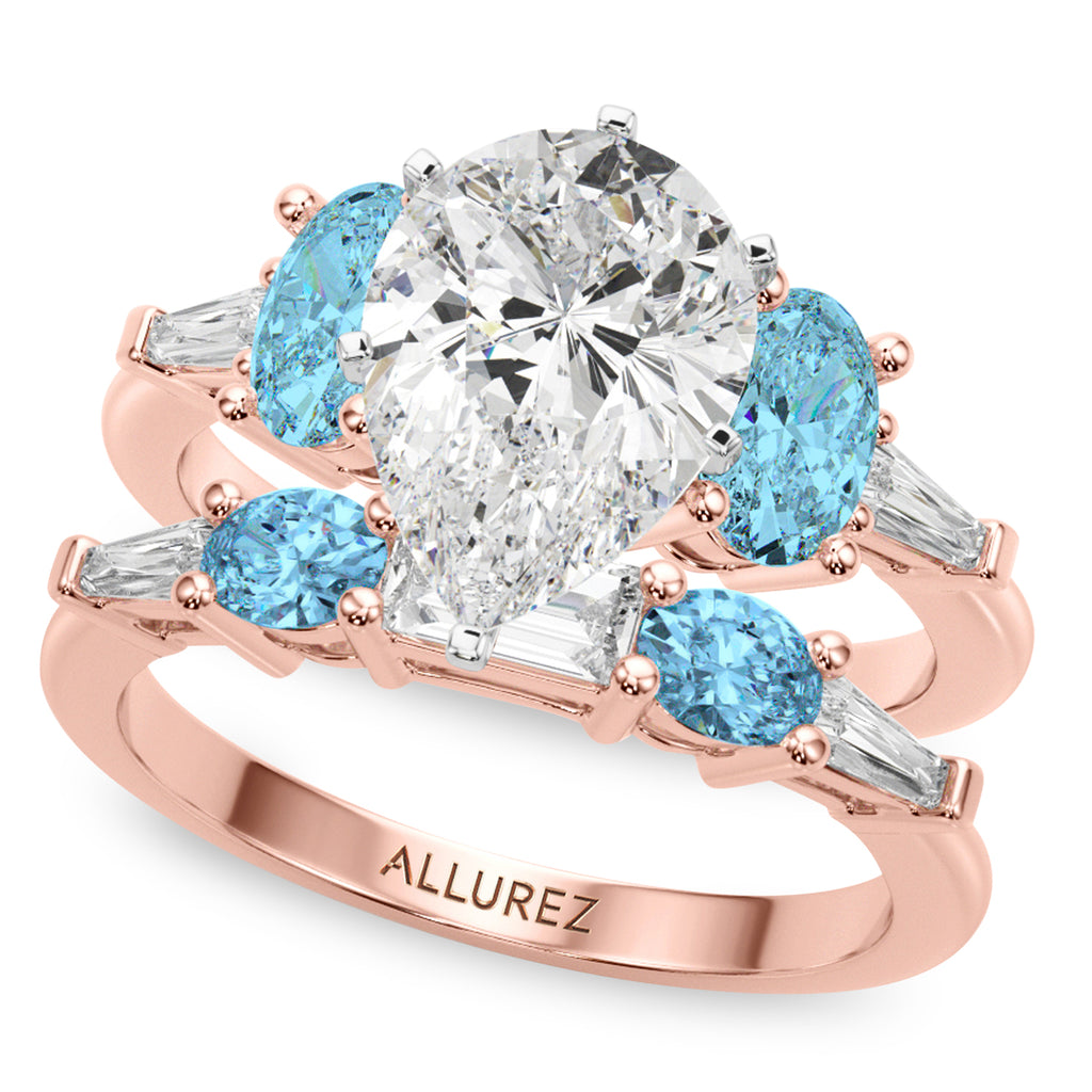 Pear Lab Diamond & Oval Blue Topaz Bridal Set 14K Rose Gold (4.97ct)