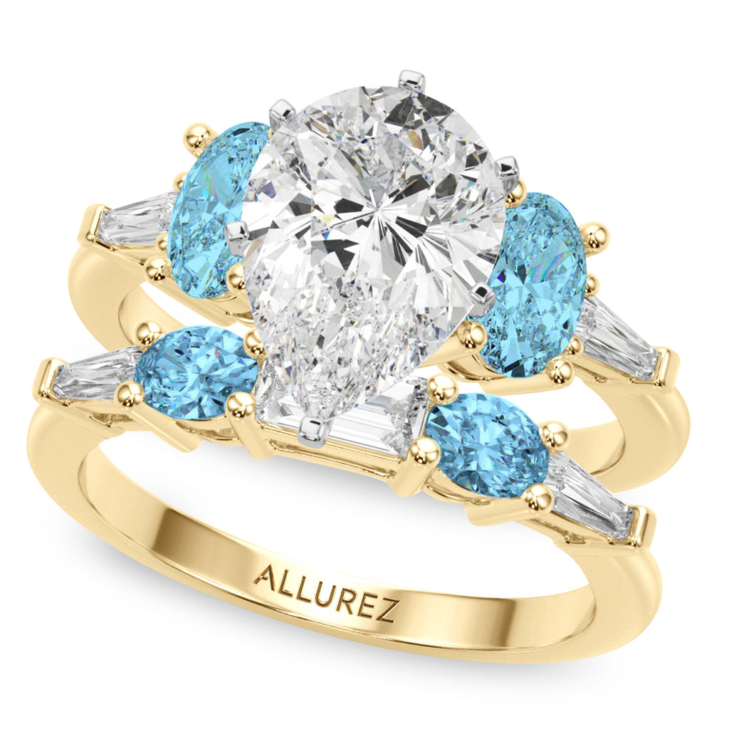 Pear Lab Diamond & Oval Blue Topaz Bridal Set 18K Yellow Gold (4.97ct)