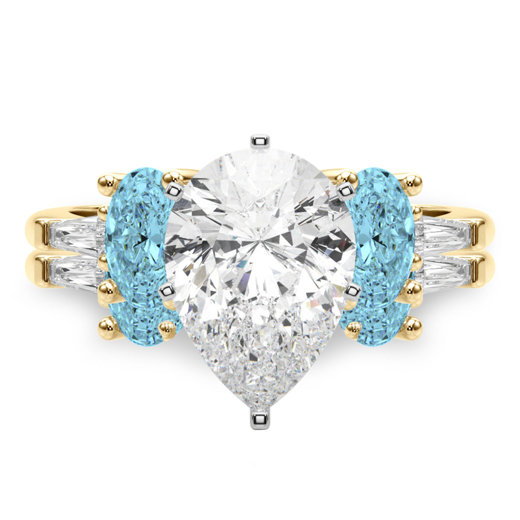 Pear Lab Diamond & Oval Blue Topaz Bridal Set 18K Yellow Gold (4.97ct)