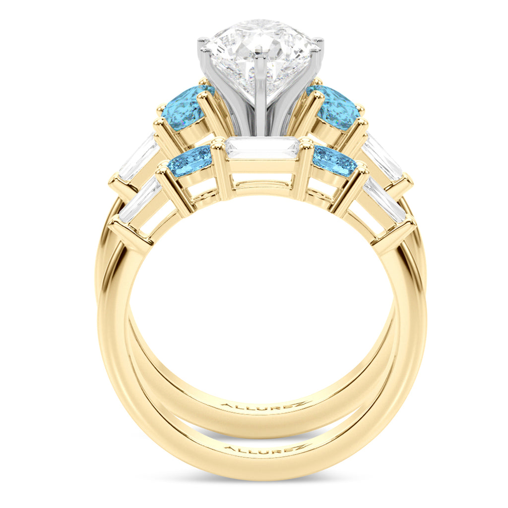Pear Lab Diamond & Oval Blue Topaz Bridal Set 18K Yellow Gold (4.97ct)