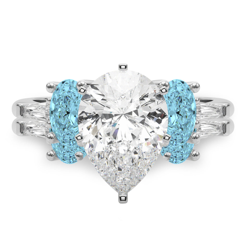 Pear Lab Diamond & Oval Blue Topaz Bridal Set in Platinum (4.97ct)