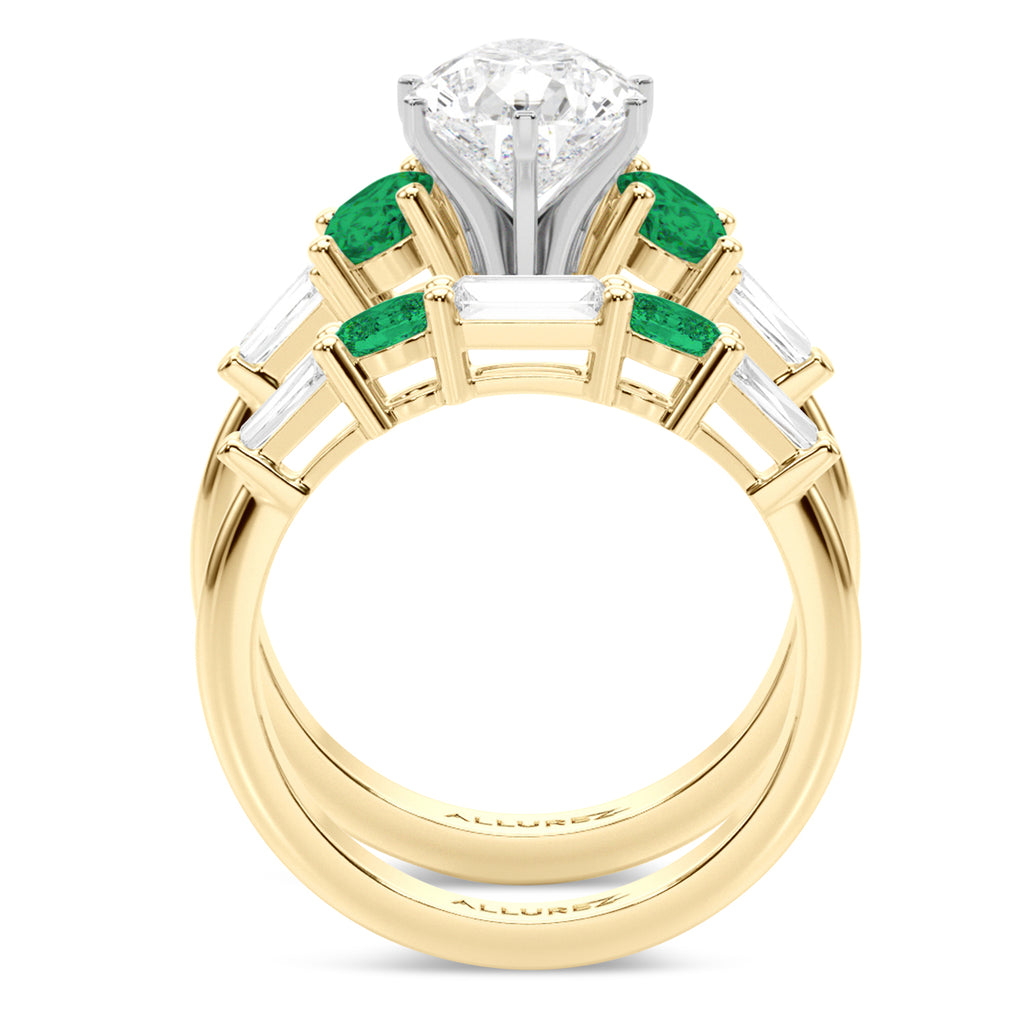 Pear Lab Diamond & Oval Emerald Bridal Set 14K Yellow Gold (4.65ct)