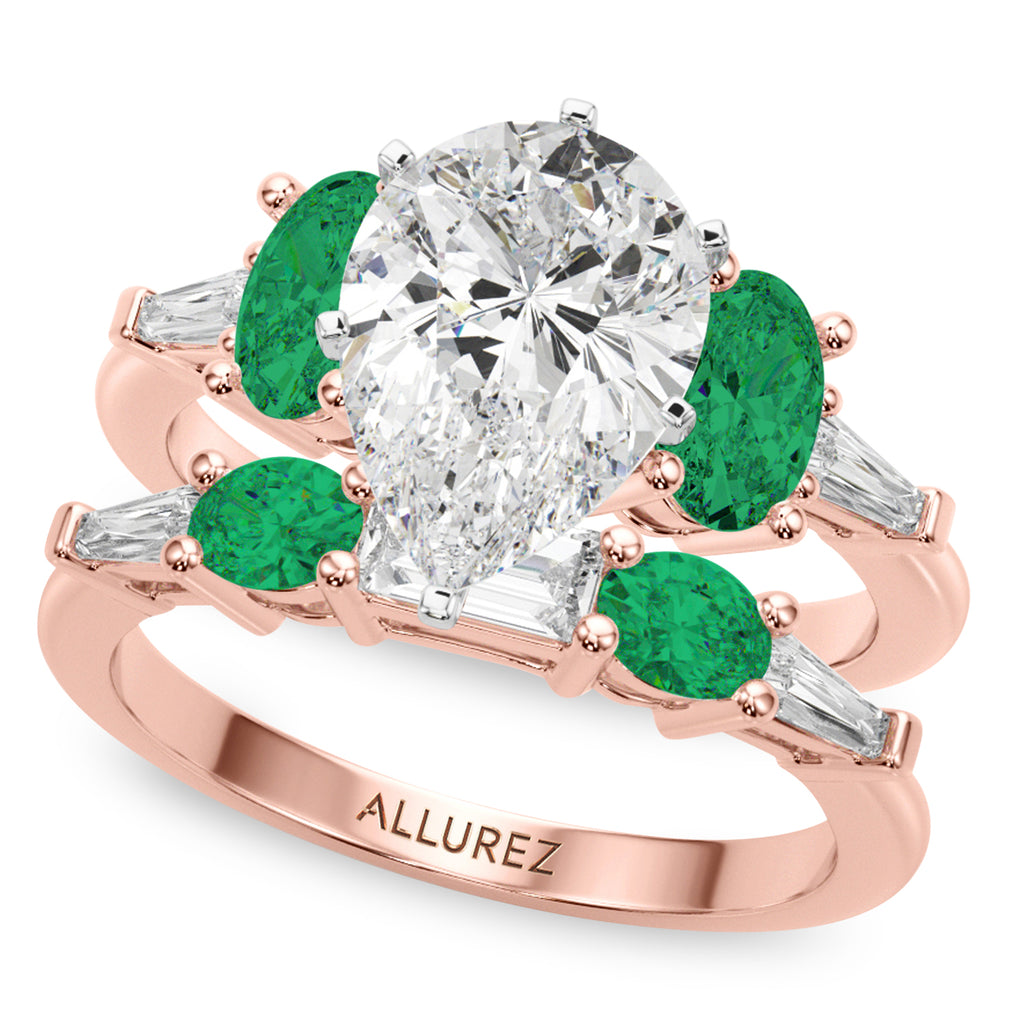 Pear Lab Diamond & Oval Emerald Bridal Set 18K Rose Gold (4.65ct)