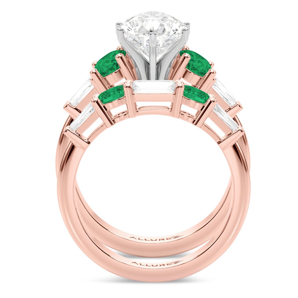 Pear Lab Diamond & Oval Emerald Bridal Set 18K Rose Gold (4.65ct)