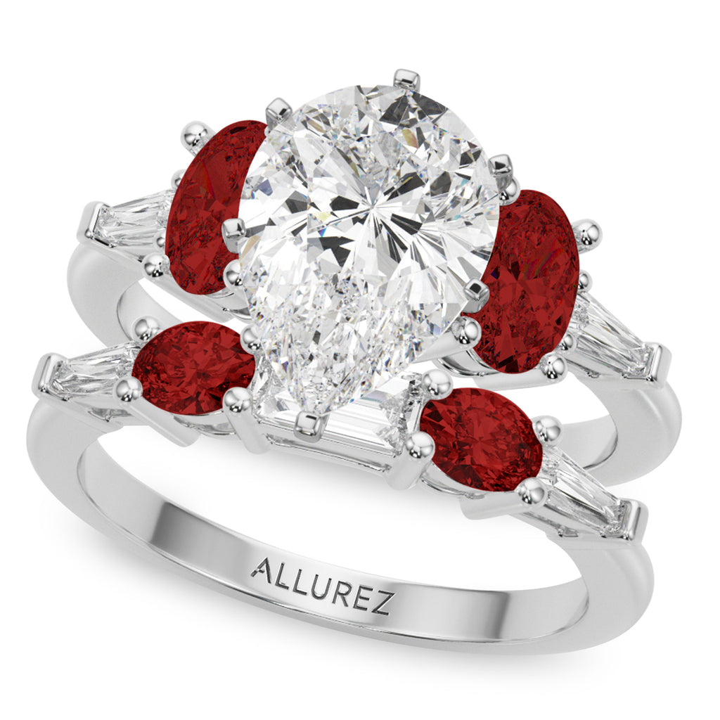 Pear Lab Grown Diamond & Oval Garnet Bridal Set 14K White Gold (4.97ct)