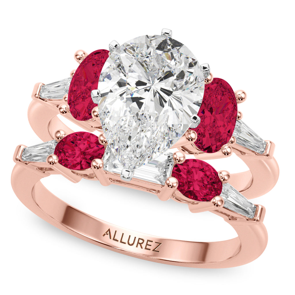 Pear Lab Diamond & Oval Ruby Bridal Set 14K Rose Gold (5.09ct)