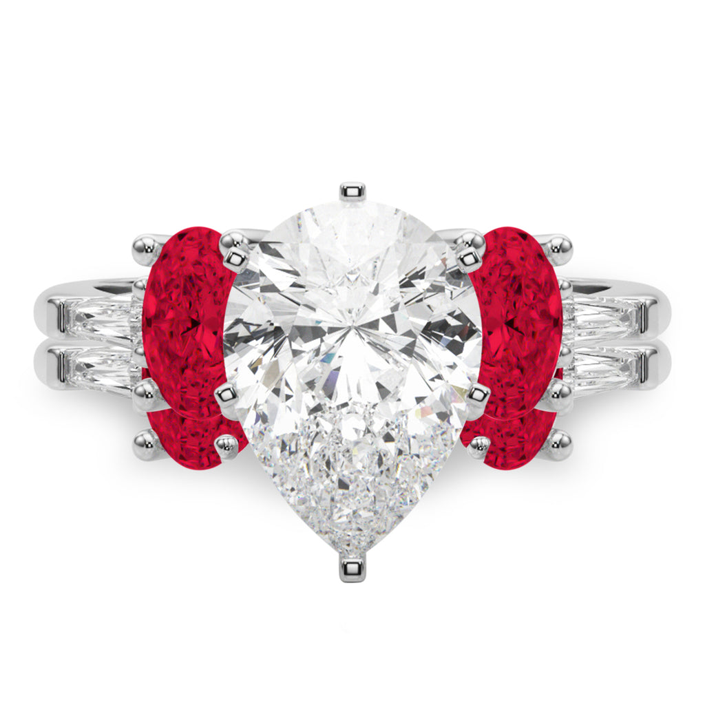 Pear Lab Grown Diamond & Oval Ruby Bridal Set 14K White Gold (5.09ct)