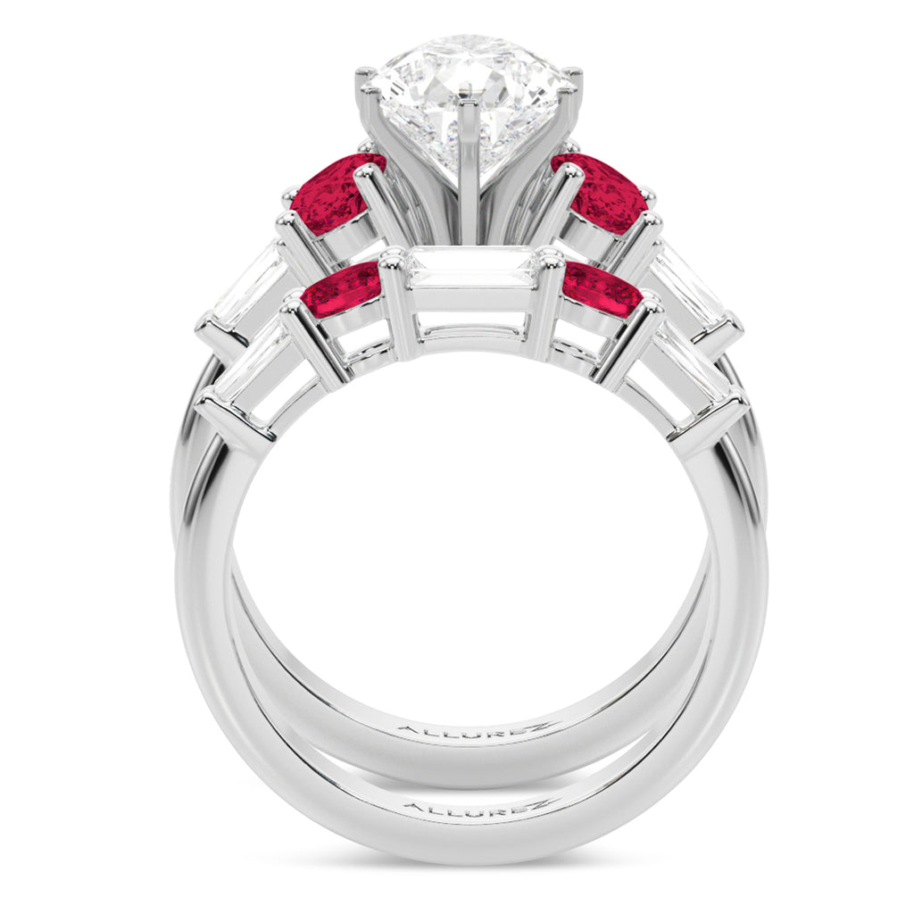 Pear Lab Grown Diamond & Oval Ruby Bridal Set 14K White Gold (5.09ct)